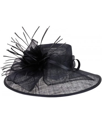 Sun Hats Reverse Duck Feathers Flower Large Brim Fashion Sinamay Hat - Black - CG18R95SA82 $105.94