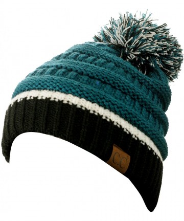 Skullies & Beanies Unisex College High School Team Color Two Tone Pom Pom Knit Beanie Hat - Midnight Green/Black - C318AIQQGT...
