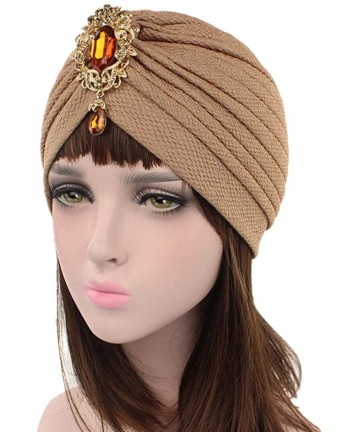Skullies & Beanies Women Solid Diamond Rhinestone Pre Tied Cancer Chemo Hat Beanie Turban Headband Wrap Cap - Khaki - CB18699...