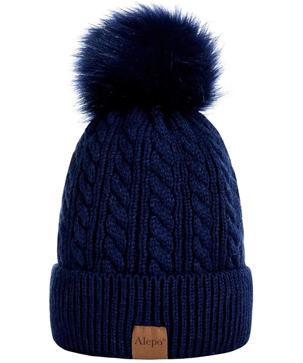 Skullies & Beanies Womens Winter Beanie Hat- Warm Fleece Lined Knitted Soft Ski Cuff Cap with Pom Pom - Navy - CG18X5OGQIW $1...