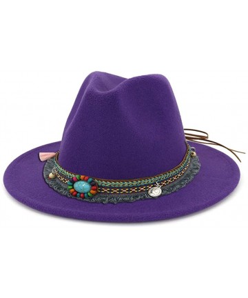 Fedoras Men Women Vintage Felt Fedora Hat Wide Brim Panama Hats with Buckle - Purple - CN196A94TX3 $26.62
