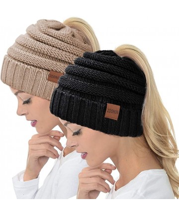Skullies & Beanies Ponytail Beanie Hat for Women- High Messy Warm Stretch Cable Knit Winter Ponytail Beanie Skull Cap - C218X...
