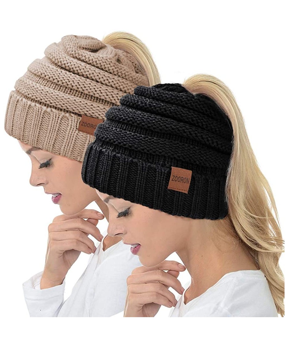 Skullies & Beanies Ponytail Beanie Hat for Women- High Messy Warm Stretch Cable Knit Winter Ponytail Beanie Skull Cap - C218X...