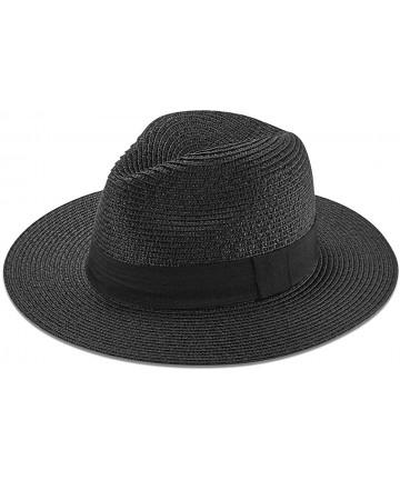 Sun Hats Women Straw Hat Panama Fedoras Beach Sun Hats Summer Cool Wide Brim UPF50+ - Black a - C718UCDAD7A $18.01