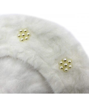 Berets Women Soft Rabbit Fur French Beret Elegant Pearls Winter Warm Beanie Hat - White - CZ18YRZK79T $19.62