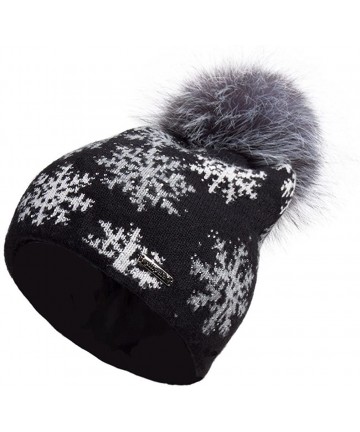 Skullies & Beanies Women's Slouchy Beanie Hat with Fur Pompom Warm Winter Hat - Black Snowflake( Gray Pompom) - CW185K8XETA $...