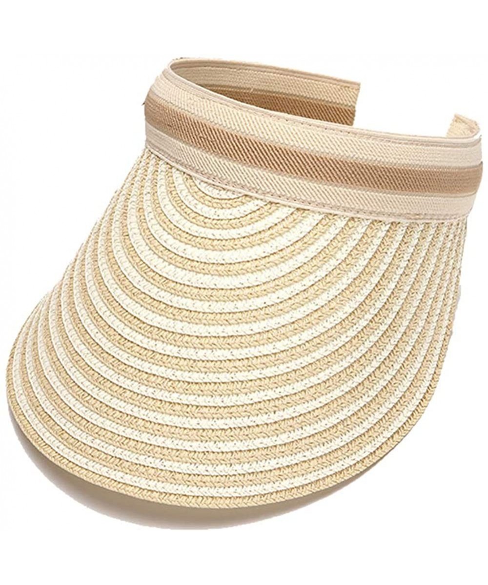 Visors Women UV Sun Protection Packable Straw Wide Brim Beach Visor Sun Hat - Beige - CN196LZ9ZDM $16.94