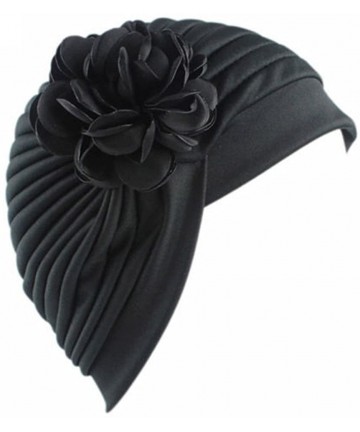 Skullies & Beanies Women Muslim Indian Chemo Hat Stretch Flower Turban Cap Hair Loss Scarf Headwear - Black - CP187W8OS8A $10.07