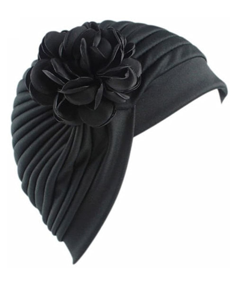 Skullies & Beanies Women Muslim Indian Chemo Hat Stretch Flower Turban Cap Hair Loss Scarf Headwear - Black - CP187W8OS8A $10.07