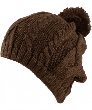 Skullies & Beanies Warm Winter Ski Thick Crochet Knit Pom Pom Beanie Hat - Chocolate - CA11N3HC1OH $19.86
