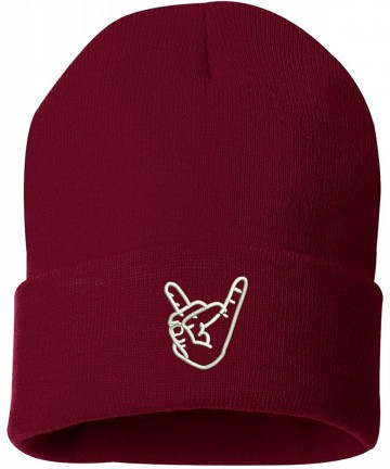 Skullies & Beanies Rock On Hands Embroidered Beanie Cuffed Cap - Music Lover Gift -Unisex - Burgundy - CT18NZOQA7R $20.83