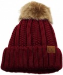 Skullies & Beanies Winter Sherpa Fleeced Lined Chunky Knit Stretch Pom Pom Beanie Hat Cap - Solid Maroon - CN18K2QOEYA $20.86