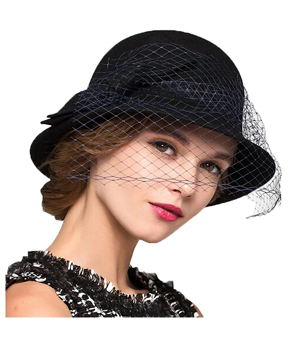 Fedoras Women's Vintage Fedoras Wool Felt Veil Hat - Black - CS128NIYIO1 $46.47