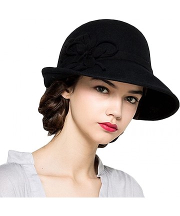 Fedoras Women's Wool Felt Flowers Church Bowler Hats - Black - CZ12MCIF2ED $48.74