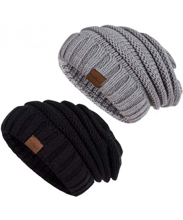 Skullies & Beanies Slouchy Beanie Hat for Women- Winter Warm Knit Oversized Chunky Thick Soft Ski Cap - Cuff Black+soft Gray ...