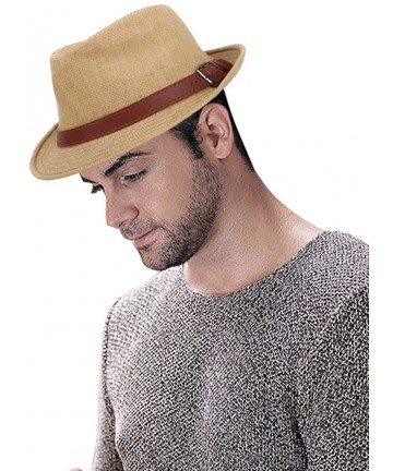 Fedoras Mens Womens Short Brim Structured Straw Fedora Hat Summer Sun Hat - Khaki Hat Brown Belt - CO18CO7X59S $27.40