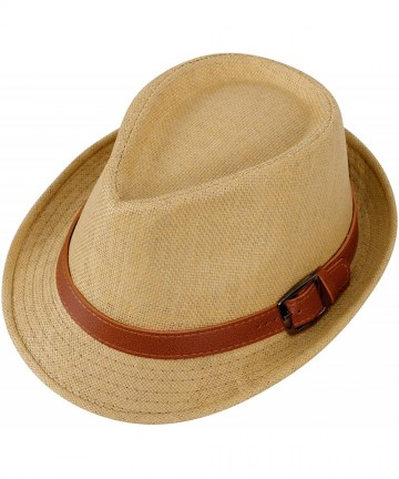 Fedoras Mens Womens Short Brim Structured Straw Fedora Hat Summer Sun Hat - Khaki Hat Brown Belt - CO18CO7X59S $21.40