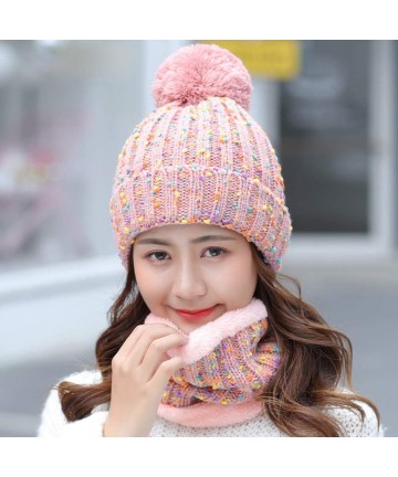 Skullies & Beanies Womens Winter Knit Beanie Hat Scarf Set Windproof Warm Fleece Lined Cap Girls Ski Hat with Pompom - Pink -...