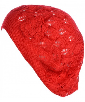 Berets Open Weave Womens Crochet Mesh Beanie Hat Flower Fashion Soft Knit Beret Cap - 2680red - C6194X4S3KT $16.15