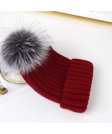 Skullies & Beanies Winter Knit Hat Real Raccoon Silver Fox Fur Pom Pom Warm Knit Beanie Hat - Wine Red (Real Silver Fox Fur) ...