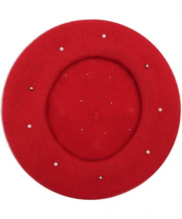 Berets Women Wool Beret Hat French Style Solid Color - Red+pearl - CD18I8296YX $21.33