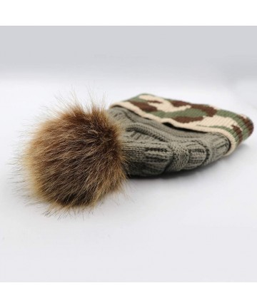 Skullies & Beanies Winter Women Faux Fur Pompom Cuff Beanies Hats Knit Slouchy Ski Skull Camo Baggy Caps Girls Warm Hat - 05-...