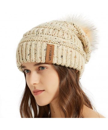 Skullies & Beanies Womens Winter Knit Slouchy Beanie Chunky Hats Bobble Hat Ski Cap with Faux Fur Pompom - Confetti Beige - C...