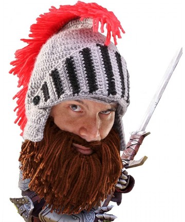 Skullies & Beanies Knight Beard Beanie - Funny Knitted Helmet and Fake Beard and Visor - Brown - CM11HYIXMNF $49.01
