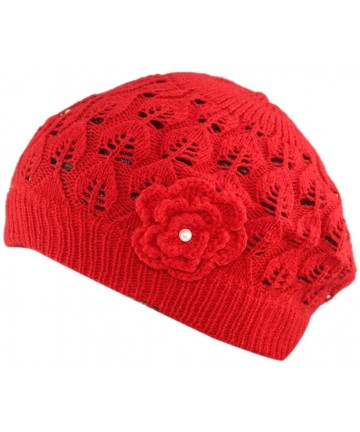 Skullies & Beanies Womens Super Soft Flower Laciness Knit Beanie Hat - Red - CK124RCF4OZ $13.32