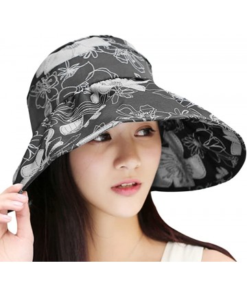 Sun Hats Womens Foldable Anti UV Sun Hat Cap Big Brim Floppy Travel Beach Bucket Hat UPF50+ - Floral Black - CN17YX5IUH9 $20.72