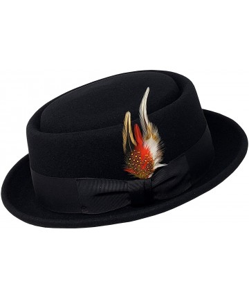 Fedoras Men's Crush-able Wool Felt Porkpie Pork Pie Fedora Hats with Feather - Black - CU192H0XANS $35.36
