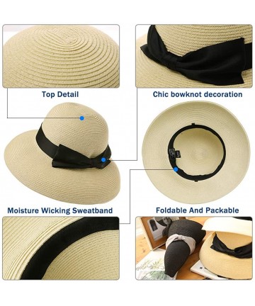 Sun Hats Packable Straw Floppy Fedora Panama Derby Beach Sun Hat for Women Band Ribbon 55-58cm - Dark Beige_00043 - CZ18SQN8A...