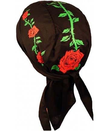Skullies & Beanies Skull Cap Biker Caps Headwraps Doo Rags - Red Roses on Black - CV12ELHO9LZ $27.15