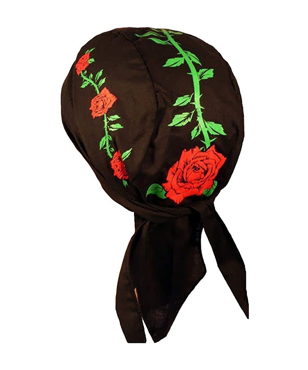 Skullies & Beanies Skull Cap Biker Caps Headwraps Doo Rags - Red Roses on Black - CV12ELHO9LZ $19.69