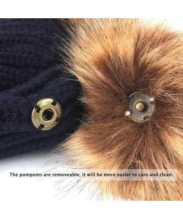 Skullies & Beanies Winter Women's Winter Knit Wool Beanie Hat with Double Faux Fur Pom Pom Ears - Navy - CA18I38DDXC $23.49