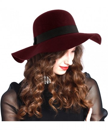Fedoras Women's Felt Floppy Hat with Black Grograin Band - Borgundy - CR12N1GZYFO $29.47