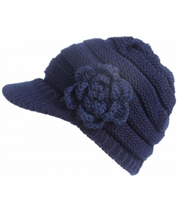 Berets Womens Winter Knitting Hat Flower Print Berets Turban Brim Hat Solid Color Cap - Navy - CI18LC4M4C0 $11.91