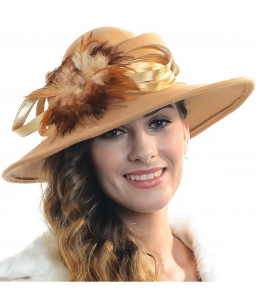 Fedoras Women Wool Felt Plume Church Dress Winter Hat - Feather Style-camel - CC11MJML7Y7 $68.00