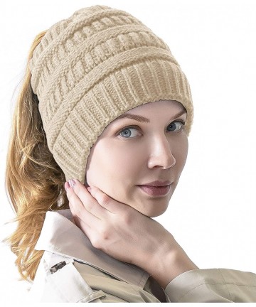Skullies & Beanies Women's Knitted Messy Bun Hat Ponytail Beanie Baggy Chunky Stretch Slouchy Winter - Beige - CR18YTGEOWQ $1...