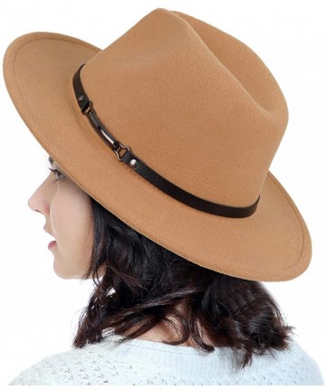 Fedoras Men & Women Classic Wide Brim Fedora Hat with Belt Buckle Wool Felt Panama Fedora M/L - A-camel - CV18A5WC29H $23.56