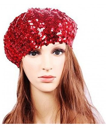 Berets Women Bling Sequins Beret Hat Sparkly Shining Beanie Cap for Dancing Party - Blue - CM17YQSWWZL $15.32