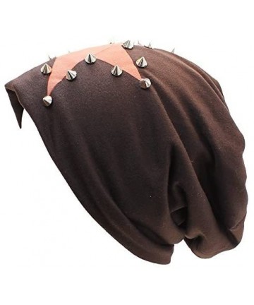 Skullies & Beanies an Unisex Cotton Beanie Hat Skull Cap Edgy Spiked Stud Lightweight Fleece Lined - Brown Star Stud - CC12DE...