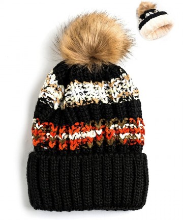 Skullies & Beanies Women Winter Soft Knitted Beanie Hat Fur Pom Beanie Fleece Lined Extra Thick - Black - C4189GTK3G0 $22.40