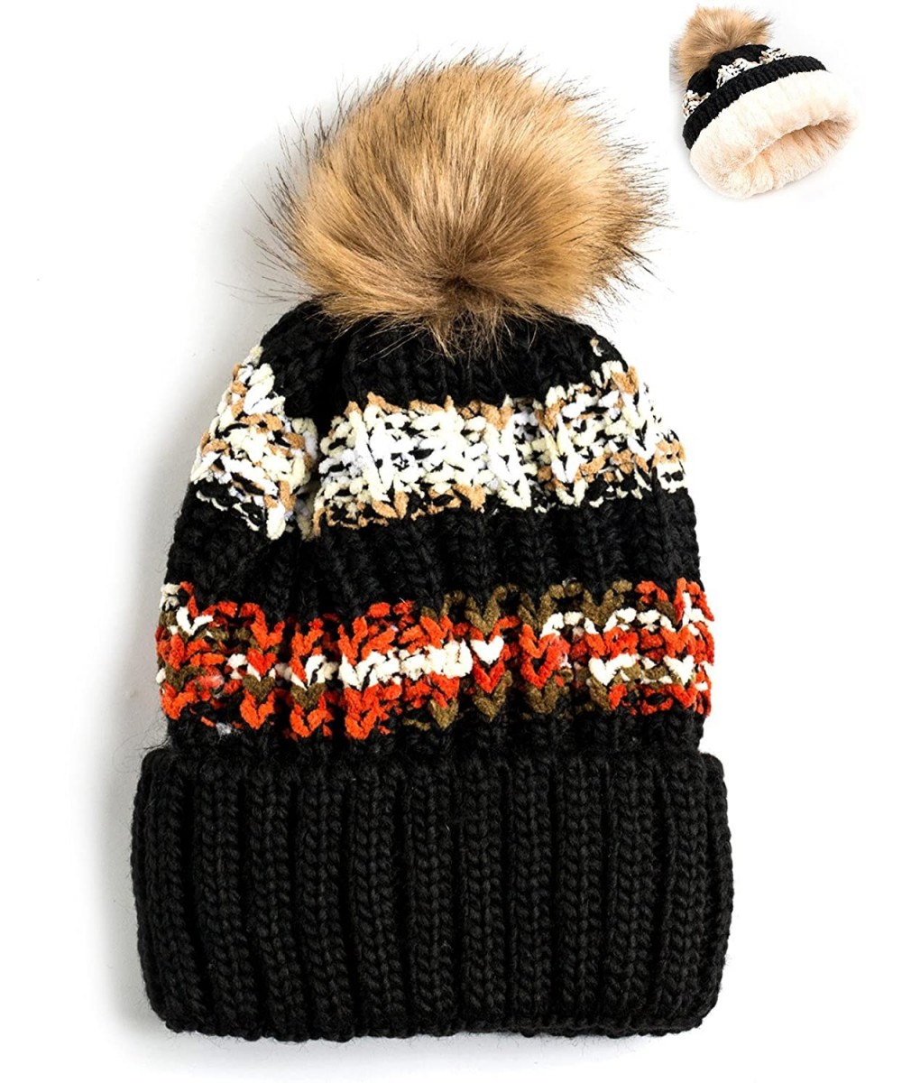 Skullies & Beanies Women Winter Soft Knitted Beanie Hat Fur Pom Beanie Fleece Lined Extra Thick - Black - C4189GTK3G0 $17.56