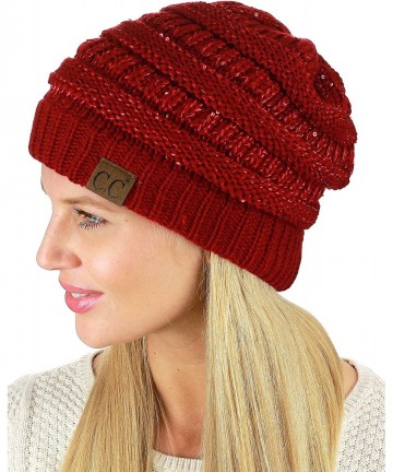 Skullies & Beanies Women's Sparkly Sequins Warm Soft Stretch Cable Knit Beanie Hat - Red - C618IQH28M6 $22.41