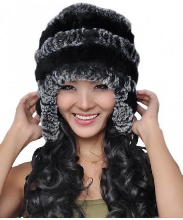 Bomber Hats Women's Rex Rabbit Fur Hats Winter Ear Cap Flexible Multicolor - Gray&black - CM126G6KYRH $43.92