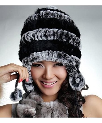 Bomber Hats Women's Rex Rabbit Fur Hats Winter Ear Cap Flexible Multicolor - Gray&black - CM126G6KYRH $30.97