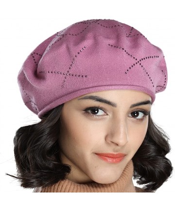 Berets Women's Thin Cotton Knit Beret Hat with Rhinestone Crisscross Decoration - Pink - CS18GLW28RE $23.76