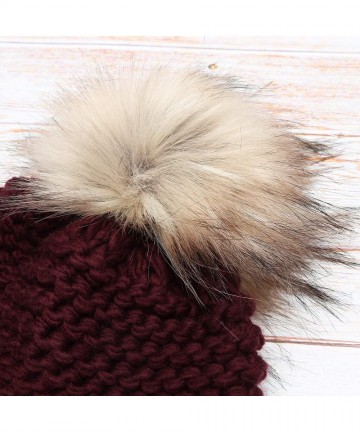 Skullies & Beanies Women's Double Purl Knitted Beanie Hat- Soft Warm Cable Knitted Winter Hat with Faux Fur Pom Pom - Burgund...