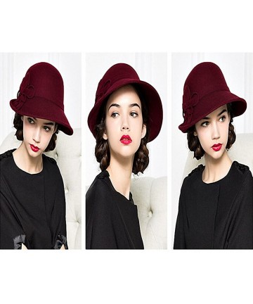 Fedoras Women's Wool Felt Flowers Church Bowler Hats - Wine Red - CM12MCIFBBH $50.69